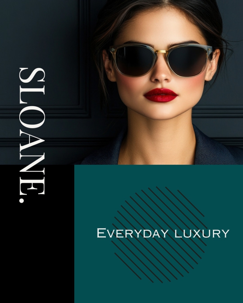 A photo of a female wearing sunglasses with the Sloane logo and the title 'Everyday Luxury'